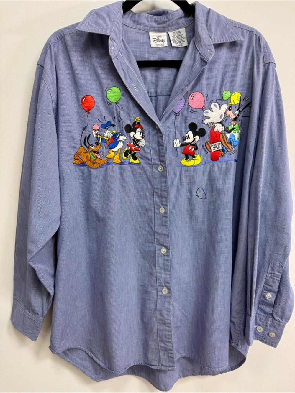 Disney Light Blue Mickey & Friends Button-Up Shirt, EUC except for tiny spot.